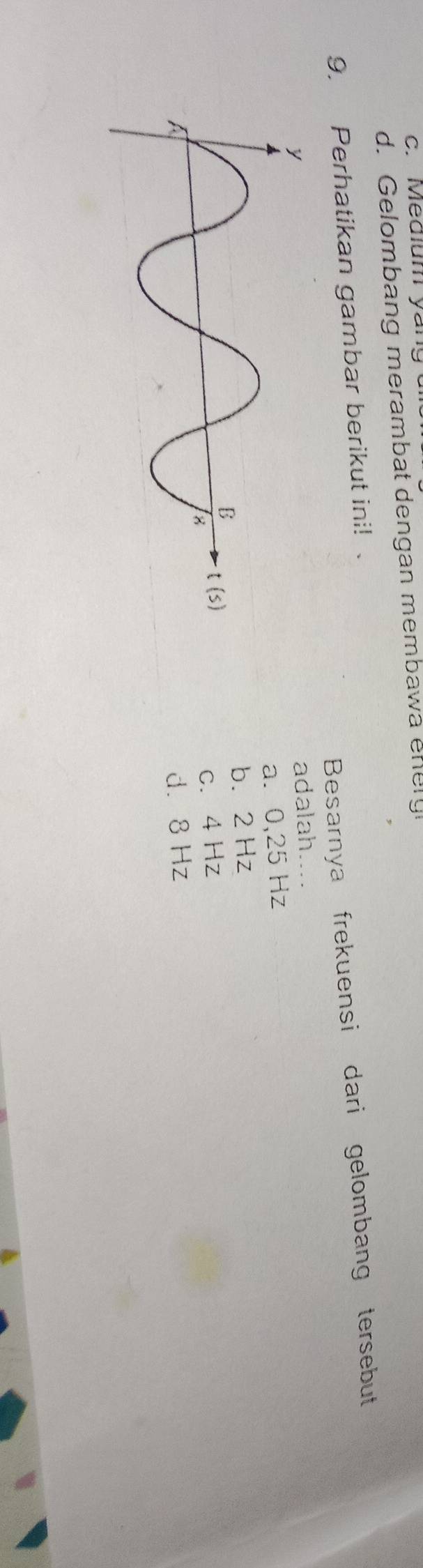 c. Medium yan
d. Gelombang merambat dengan membawa enery
9. Perhatikan gambar berikut ini!
Besarnya frekuensi dari gelombang tersebut
adalah....
a. 0,25 Hz
b. 2 Hz
c. 4 Hz
d. 8 Hz
