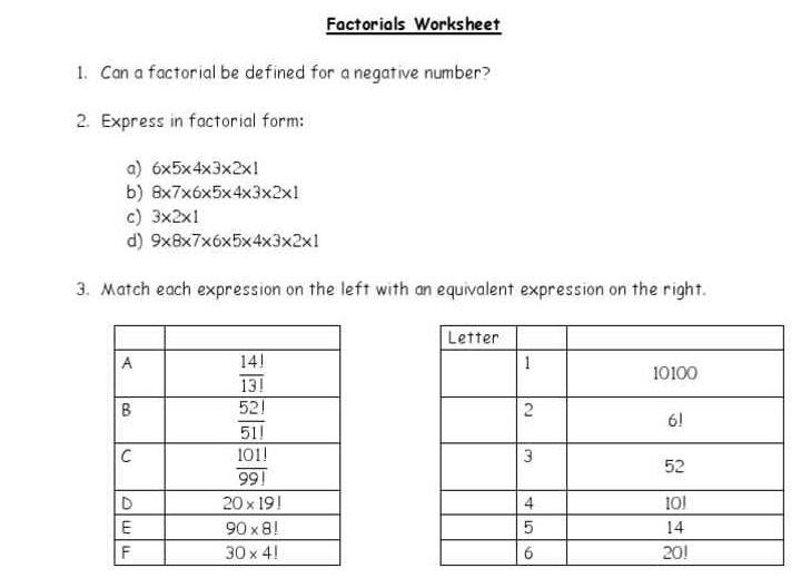 Factorials Worksheet
1. Can a factorial be defined for a negative number?
2. Express in factorial form:
a) 6* 5* 4* 3* 2* 1
b) 8* 7* 6* 5* 4* 3* 2* 1
c) 3* 2* 1
d) 9* 8* 7* 6* 5* 4* 3* 2* 1
3. Match each expression on the left with an equivalent expression on the right.