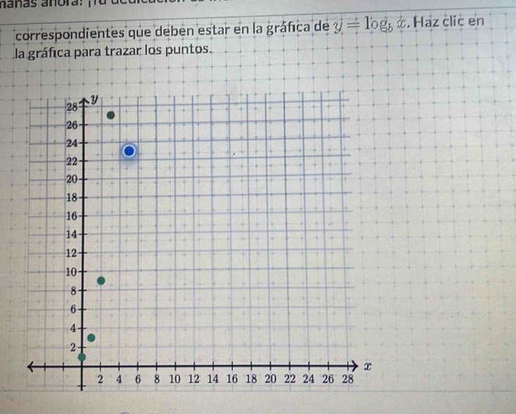 nañás añora: 
correspondientes que deben estar en la gráfica de y=log _bx. Haz clic en 
la gráfica para trazar los puntos.