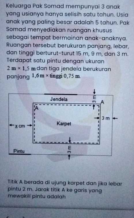 Keluarga Pak Somad mempunyai 3 anak 
yang usianya hanya selisih satu tahun. Usia 
anak yang paling besar adalah 5 tahun. Pak 
Somad menyediakan ruangan khusus 
sebagai tempat bermainan anak-anaknya. 
Ruangan tersebut berukuran panjang, lebar, 
dan tinggi berturut-turut 15 m, 9 m, dan 3 m. 
Terdapat satu pintu dengan ukuran
2m* 1,5m dan tiga jendela berukuran 
panjang 1,6m* tinggi 0,75 m
Titik A berada di ujung karpet dan jika lebar 
pintu 2 m. Jarak titik A ke garis yang 
mewakili pintu adalah