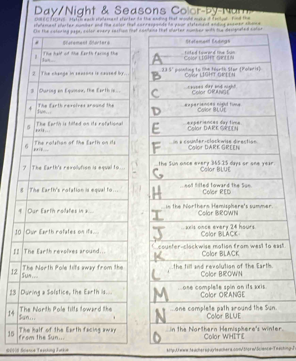 Day/Night & Seasons Color-b y- N um 
DIRECTIONS. Match each statement starter to the ending that would make it factual. Find the
statement starter number and the color that corresponds to your statement ending anower choice
con
 
 
1
ast.
1
12
13
 
14 
r.
15 
12016 Sciense Teaching Junkie http://www.leacherspay1eachers.com/store/5cience-Teaching-2t