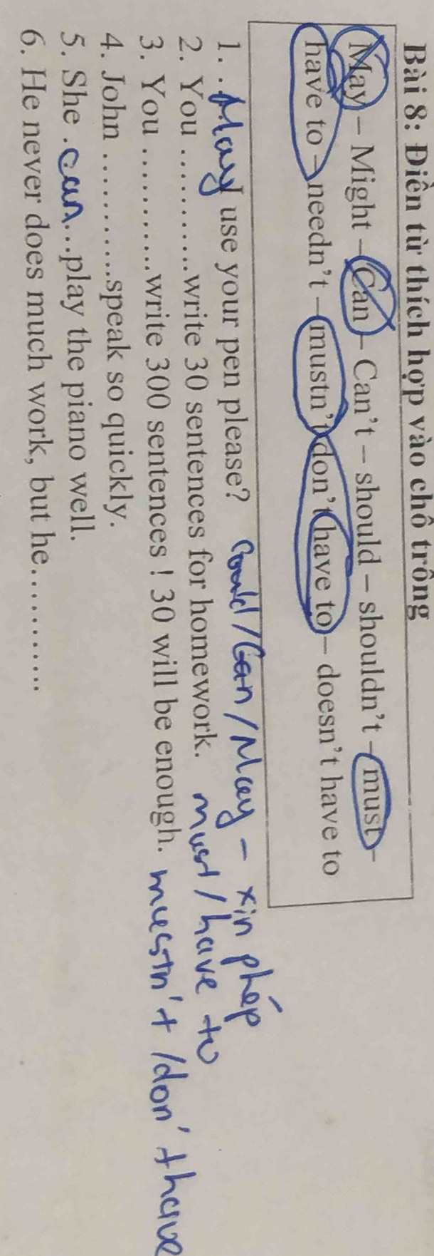 Điền từ thích hợp vào chô trông 
May - Might - Can - Can’t - should - shouldn’t - must - 
have to needn’t— mustn’t don’t have to - doesn’t have to 
1. . 
use your pen please? 
2. You ._ write 30 sentences for homework. 
3. You _write 300 sentences ! 30 will be enough. 
4. John _speak so quickly. 
5. She . A play the piano well. 
6. He never does much work, but he_