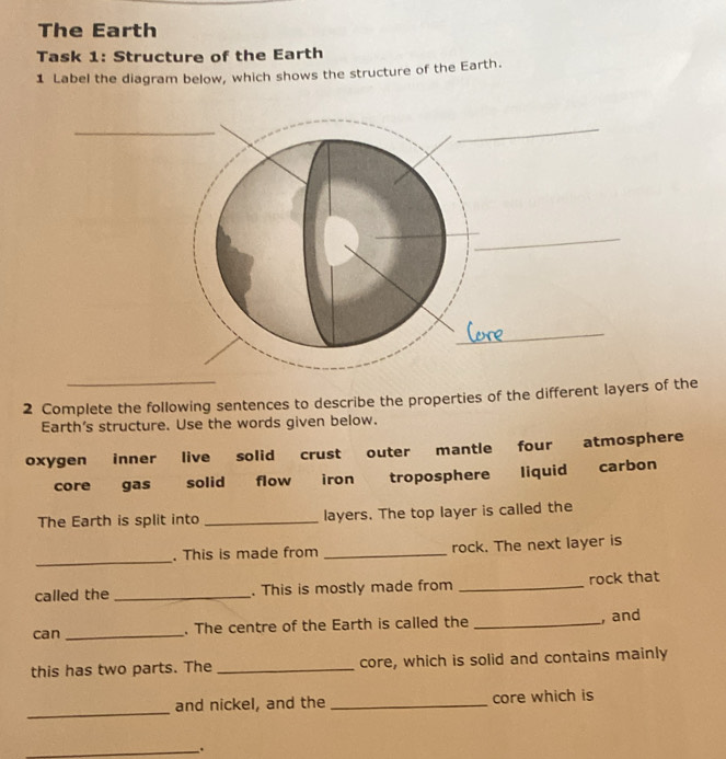Solved: The Earth Task 1: Structure of the Earth 1 Label the diagram ...