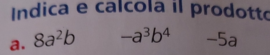 ndica e calcola il prodotto 
a. 8a^2b
-a^3b^4
-5a