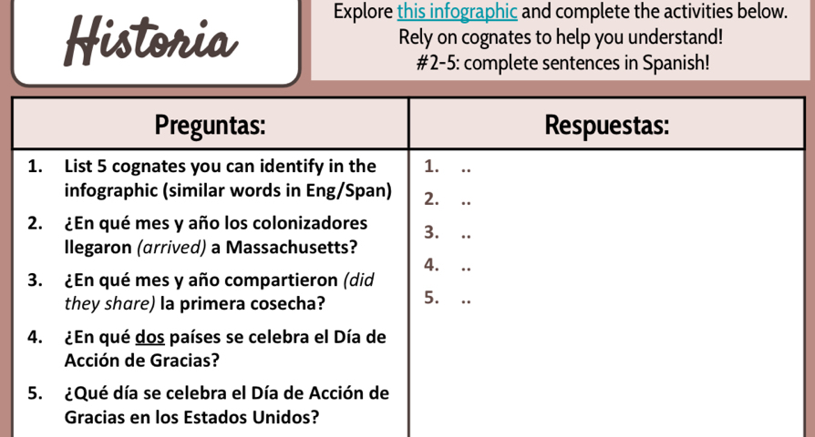 Explore this infographic and complete the activities below. 
Historia Rely on cognates to help you understand! 
#2-5: complete sentences in Spanish!