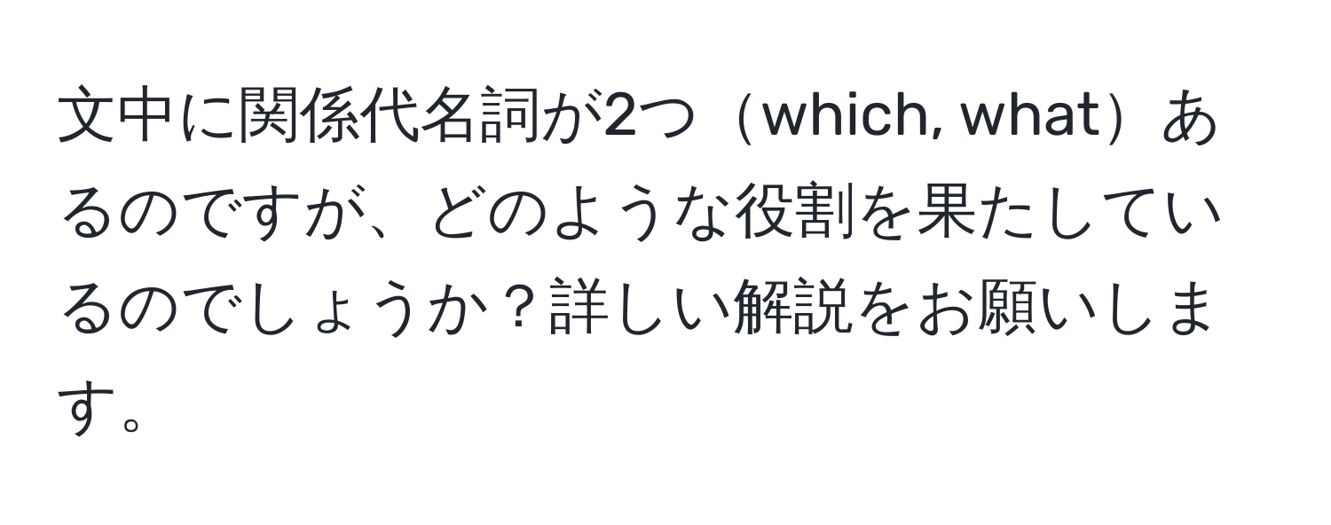 文中に関係代名詞が2つwhich, whatあるのですが、どのような役割を果たしているのでしょうか？詳しい解説をお願いします。