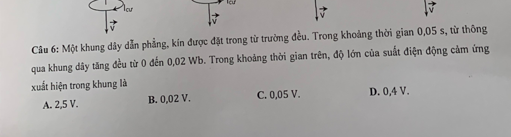 cư
lcư
Câu 6: Một khung dây dẫn phẳng, kín được đặt trong từ trường đều. Trong khoảng thời gian 0,05 s, từ thông
qua khung dây tăng đều từ 0 đến 0,02 Wb. Trong khoảng thời gian trên, độ lớn của suất điện động cảm ứng
xuất hiện trong khung là
A. 2,5 V. B. 0,02 V. C. 0,05 V. D. 0,4 V.