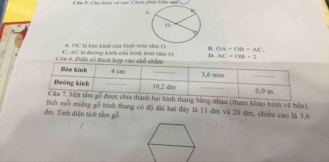 Cho hình vệ sau. Chọn phát biểu sai
A. OC là bán kính của hình tròn tâm O. B. OA=OB=AC.
C. AC là đường kính của hình tròn tâm O. D. AC=OB* 2
Cầu 6. Điển số thích hợp vào chỗ chẩm
ình thang bằng nhau (tham khảo hình vẽ bên).
Biết mỗi miếng gỗ hình thang có độ dài hai đáy là 11 dm và 20 dm, chiều cao là 3,6
dm. Tính diện tích tấm gỗ.