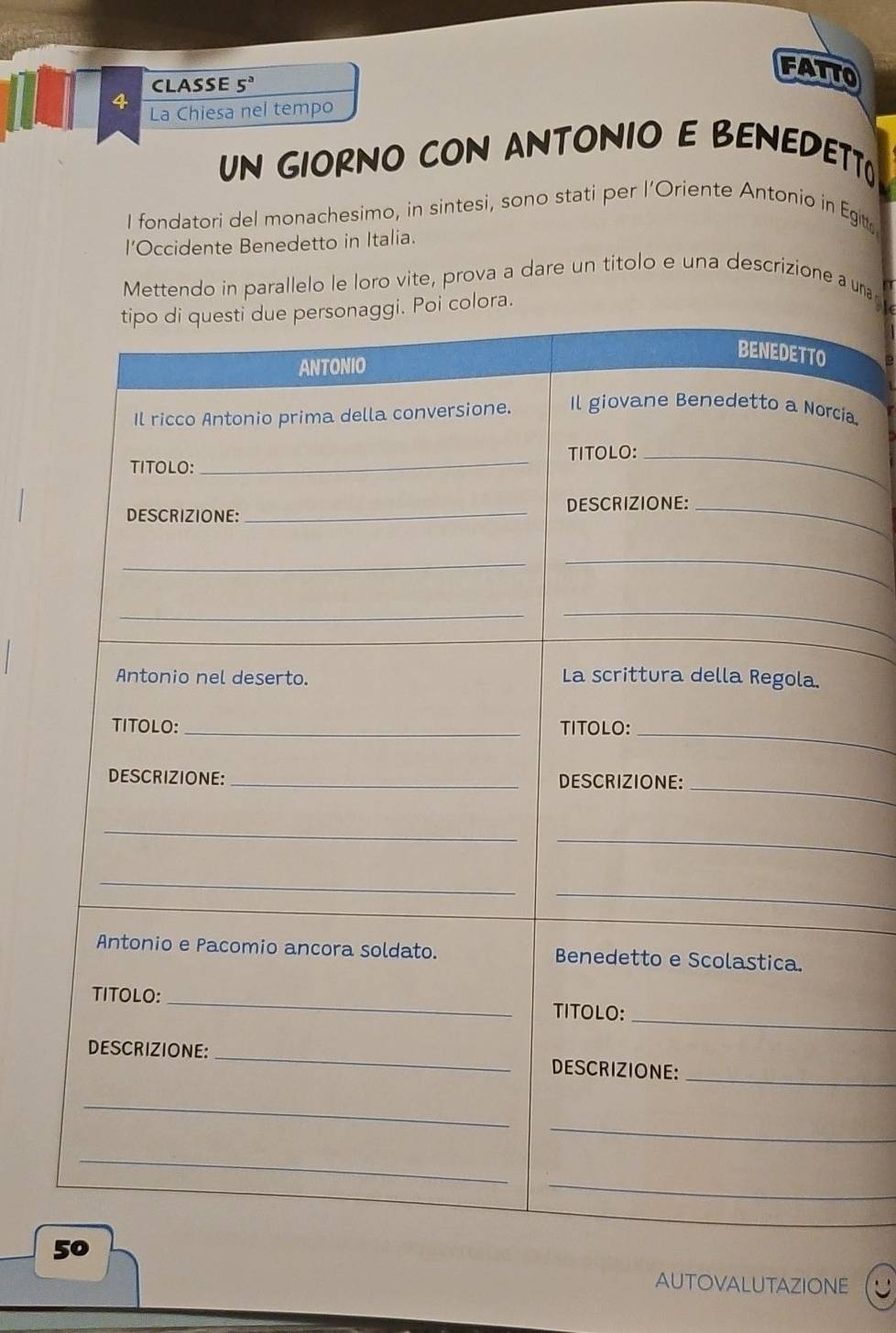 FATTO 
CLASSE 5ª 
4 La Chiesa nel tempo 
UN GIORNO CON ANTONIO E BENEDETT 
I fondatori del monachesimo, in sintesi, sono stati per l’Oriente Antonio in Egit 
l’Occidente Benedetto in Italia. 
Mettendo in parallelo le loro vite, prova a dare un titolo e una descrizione a unag 
lora. 
ia 
AUTOVALUTAZIONE