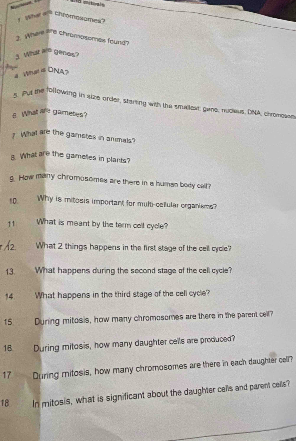 and mitosis 
1. What are chromosomes? 
. Where are chromosomes found? 
3. What are genes? 

4 What is DNA? 
5. Put the following in size order, starting with the smallest: gene, nucleus, DNA, chromosom 
6 What are garetes? 
7 What are the gametes in animals? 
8. What are the gametes in plants? 
9. How many chromosomes are there in a human body cell? 
10 Why is mitosis important for multi-cellular organisms? 
11 What is meant by the term cell cycle? 
What 2 things happens in the first stage of the cell cycle? 
13. What happens during the second stage of the cell cycle? 
14. What happens in the third stage of the cell cycle? 
15 During mitosis, how many chromosomes are there in the parent cell? 
16 During mitosis, how many daughter cells are produced? 
17 During mitosis, how many chromosomes are there in each daughter cell? 
18 In mitosis, what is significant about the daughter cells and parent cells?