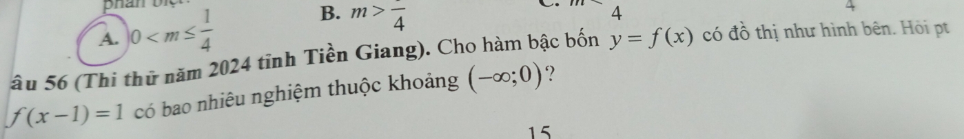 phan
A. 0 B. m>frac 4
4
4
âu 56 (Thi thứ năm 2024 tĩnh Tiền Giang). Cho hàm bậc bốn y=f(x) có đồ thị như hình bên. Hội pt
f(x-1)=1 có bao nhiêu nghiệm thuộc khoảng (-∈fty ;0) ?
15