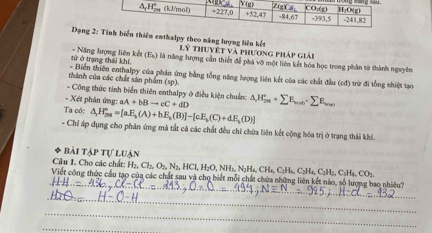 huan t
Dạng 2: biến thiên enthalpy theo năng lượng liên kết
lý thuyết và phương pháp giải
- Năng lượng liên kết (Eù) là năng lượng cần thiết để phá vỡ một liên kết hóa học trong phân tử thành nguyên
tử ở trạng thái khí.
- Biến thiên enthalpy của phản ứng bằng tổng năng lượng liên kết của các chất đầu (cđ) trừ đi tổng nhiệt tạo
thành của các chất sản phẩm (sp).
- Công thức tính biến thiên enthalpy ở điều kiện chuẩn: △ _rH_(298)°=sumlimits E_b(cd)-sumlimits E_b(sp)
- Xét phản ứng: aA+bBto cC+dD
Ta có: △ _rH_(298)^o=[a.E_b(A)+b.E_b(B)]-[c.E_b(C)+d.E_b(D)]
- Chỉ áp dụng cho phản ứng mà tất cả các chất đều chỉ chứa liên kết cộng hóa trị ở trạng thái khí.
bài tập tự luận
Câu 1. Cho các chất: H_2,Cl_2,O_2,N_2,HCl,H_2O,NH_3,N_2H_4,CH_4,C_2H_6,C_2H_2,C_3H_8,CO_2.
Viết công thức cấu tạo của các chất sau và cho biết mỗi chất chứa những liên kết nào, số lượng bao nhiêu?
_
_
_
_