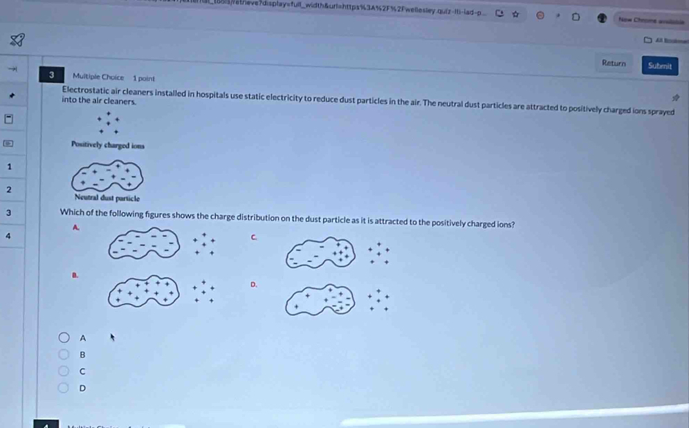 851s/retrieve7display=full_width&url=https%3A%2F%2Fwellesley.quiz-|ti-lad-p New Chrome avaisisia
All lnatm=
Return Submit
3 Multiple Choice 1 point
Electrostatic air cleaners installed in hospitals use static electricity to reduce dust particles in the air. The neutral dust particles are attracted to positively charged ions sprayed
into the air cleaners.
Positively charged ions
1
2
3 Which of the following figures shows the charge distribution on the dust particle as it is attracted to the positively charged ions?
A.
4
C.
+
D.
D.
A
B
C
D