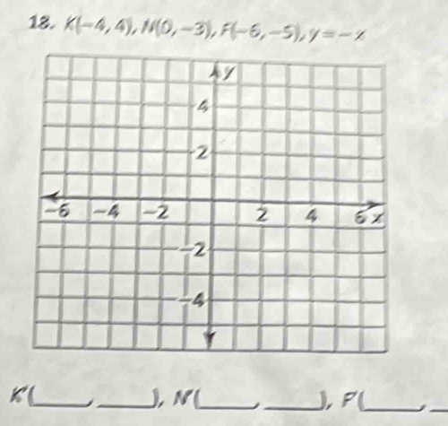 K(-4,4), N(0,-3), F(-6,-5), y=-x
Kl_ _IN(_ _) F(_ ,._