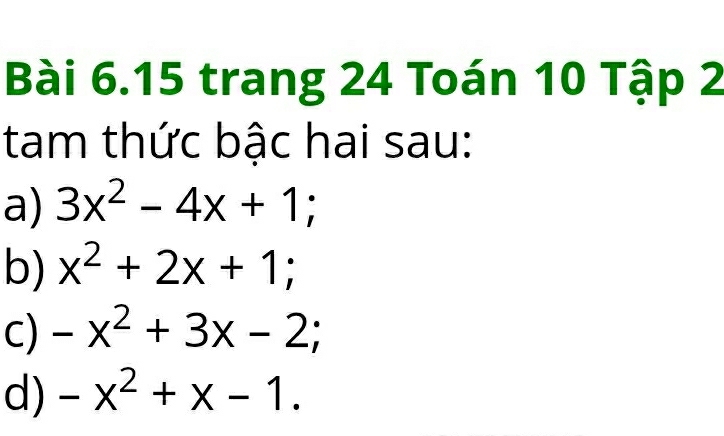 trang 24 Toán 10 Tập 2 
tam thức bậc hai sau: 
a) 3x^2-4x+1; 
b) x^2+2x+1; 
C) -x^2+3x-2; 
d) -x^2+x-1.