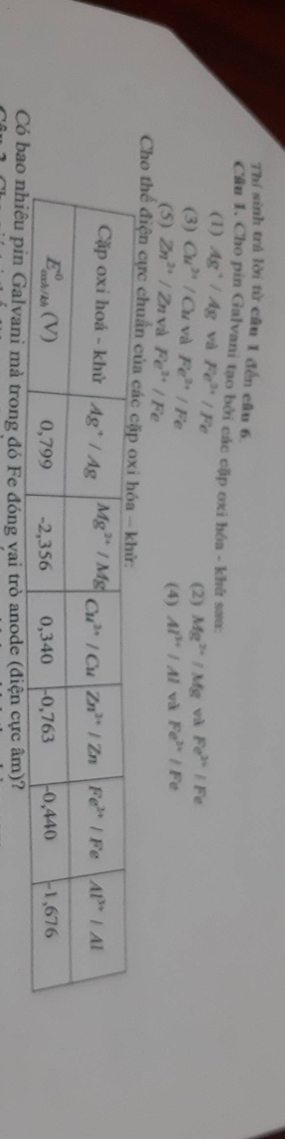 Thí sinh trả lời từ câu 1 đến câu 6.
Cầu 1. Cho pin Galvani tạo bởi các cặp oxi hôa - khủ sau:
(1) Ag^+/Ag v Fe^(2+)/Fe Mg^(2+)/Mg và Fe^(2+)/Fe
(2)
(3) Cu^(2+)/Cu và Fe^(2+)/Fe và Fe^(2+)/Fe
(5) Zn^(2+)/Zn và Fe^(2+)/Fe
(4) Al^(3+)/Al
Cho thể điện cực chuẩn 
Cni mà trong đó Fe đóng vai trò anode (điện cực âm)?