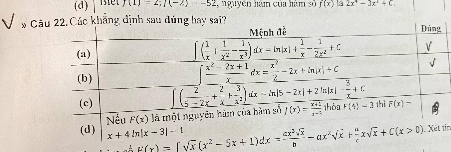 Biet f(1)=2;f(-2)=-52 , nguyên hàm của hàm số f(x) là 2x^4-3x^2+C.
Câác khăng định sau đúng hay sai?
ín