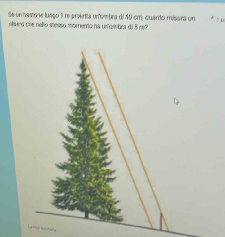 Se un bastone lungo 1 m proietta uníombra di 40 cm, quanto misura un * 1 pị 
albero che nello stesso momento ha un'ombra di 8 m? 
La tue rsposts