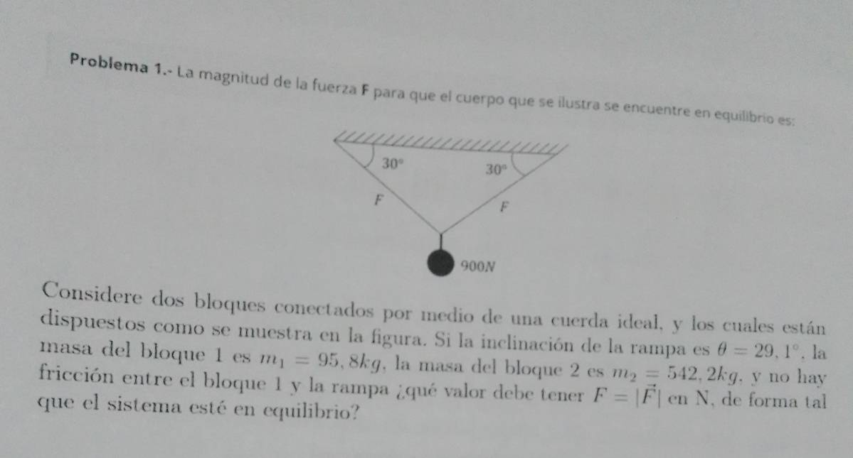 Problema 1.- La magnitud de la fuerza F para que el cuerpo que se ilustra se encuentre en equilibrio es:
Considere dos bloques conectados por medio de una cuerda ideal, y los cuales están
dispuestos como se muestra en la figura. Si la inclinación de la rampa es θ =29,1°. la
masa del bloque 1 es m_1=95,8kg , la masa del bloque 2es m_2=542,2kg , y no hay
fricción entre el bloque 1 y la rampa ¿qué valor debe tener F=|vector F|cnN , de forma tal
que el sistema esté en equilibrio?