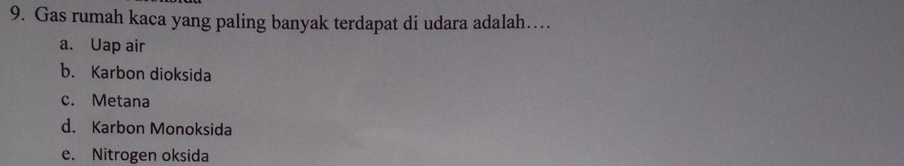 Gas rumah kaca yang paling banyak terdapat di udara adalah…
a. Uap air
b. Karbon dioksida
c. Metana
d. Karbon Monoksida
e. Nitrogen oksida