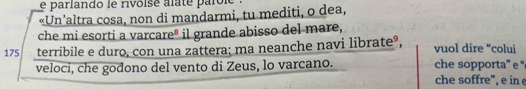 é parlando le rivolsé alaté parole 
«Un’altra cosa, non di mandarmi, tu mediti, o dea, 
che mi esorti a varcare® il grande abisso del mare, 
175 terribile e duro, con una zattera; ma neanche navi librate®, vuol dire “colui 
veloci, che godono del vento di Zeus, lo varcano. che sopporta” e “ 
che soffre”, e in e