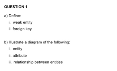 Define: 
i. weak entity 
ii. foreign key 
b) Illustrate a diagram of the following: 
i. entity 
ii. attribute 
iii. relationship between entities