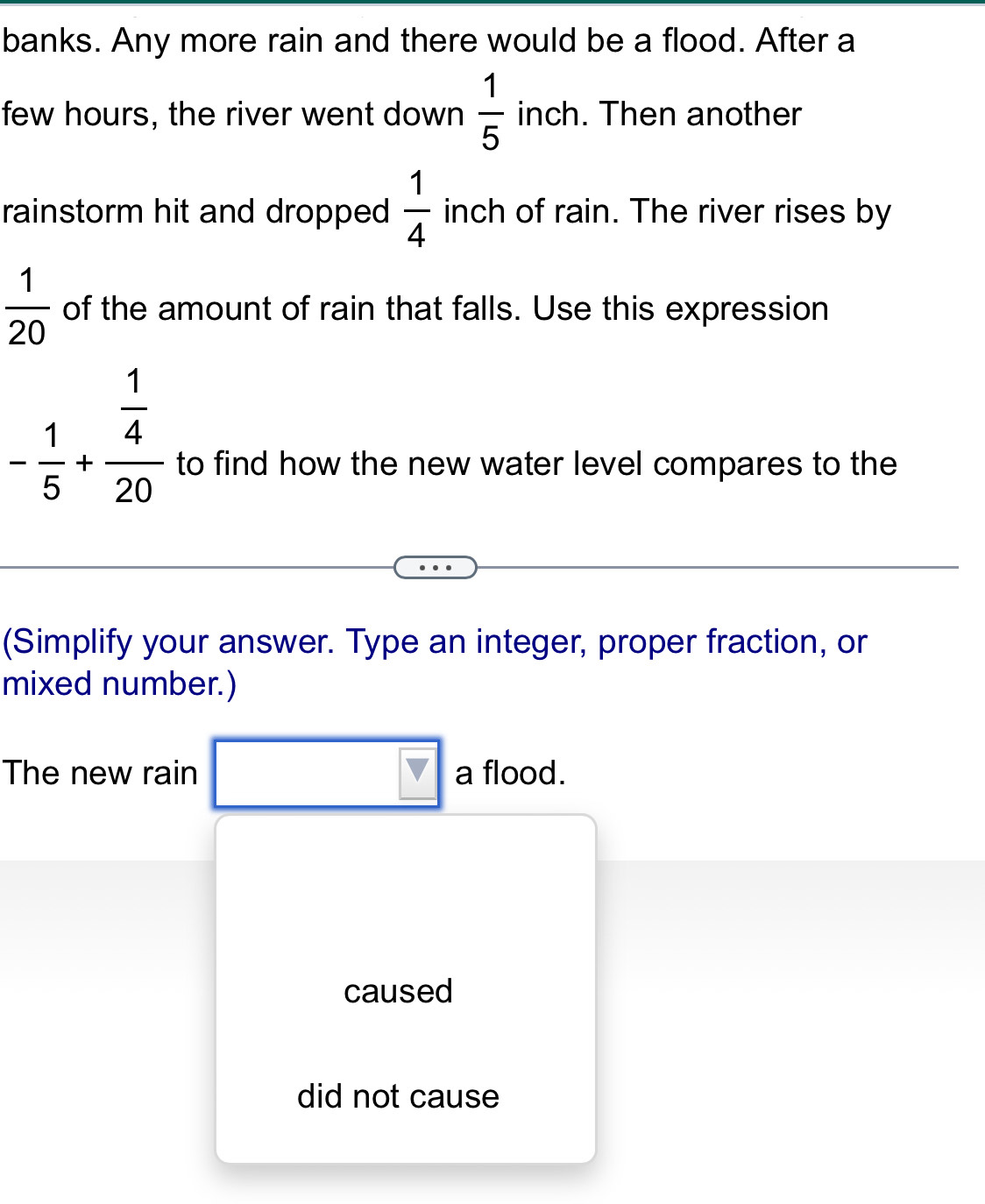 banks. Any more rain and there would be a flood. After a
few hours, the river went down  1/5  inch. Then another
rainstorm hit and dropped  1/4  inch of rain. The river rises by
 1/20  of the amount of rain that falls. Use this expression
- 1/5 +frac  1/4 20
to find how the new water level compares to the
(Simplify your answer. Type an integer, proper fraction, or
mixed number.)
The new rain □ a flood.
caused
did not cause