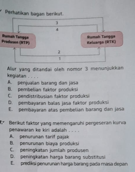 Perhatikan bagan berikut.
3
4
Rumah Tangga Rumah Tangga
Produsen (RTP) Keluarga (RTK)
2
1
Alur yang ditandai oleh nomor 3 menunjukkan
kegiatan . . . .
A. penjualan barang dan jasa
B. pembelian faktor produksi
C. pendistribusian faktor produksi
D. pembayaran balas jasa faktor produksi
E. pembayaran atas pembelian barang dan jasa
Berikut faktor yang memengaruhi pergeseran kurva
penawaran ke kiri adalah . . . .
A. penurunan tarif pajak
B. penurunan biaya produksi
C. peningkatan jumlah produsen
D. peningkatan harga barang substitusi
E. prediksi penurunan harga barang pada masa depan