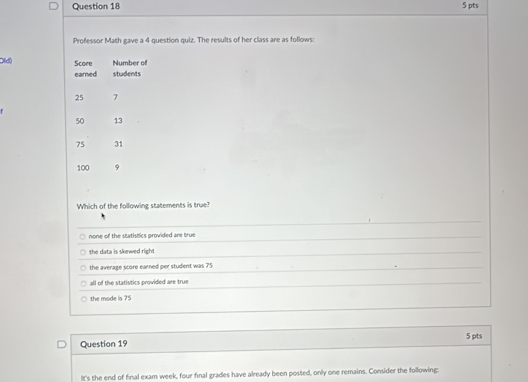 Professor Math gave a 4 question quiz. The results of her class are as follows:
Old) 
Which of the following statements is true?
none of the statistics provided are true
the data is skewed right
the average score earned per student was 75
all of the statistics provided are true
the mode is 75
5 pts
Question 19
lt's the end of final exam week, four final grades have already been posted, only one remains. Consider the following: