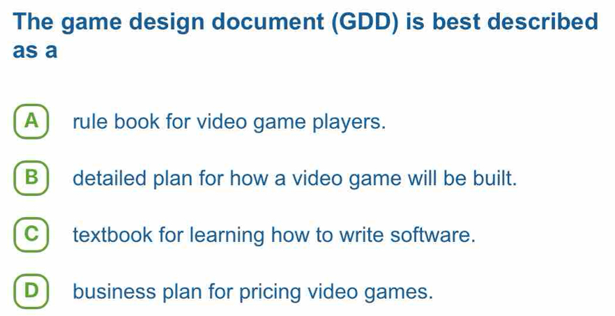 Solved: The game design document (GDD) is best described as a A ) rule ...