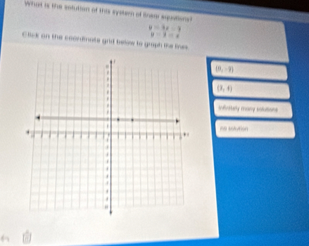 What is the colution of this syster of linear equations?
y=9x-9
y=2=x
Click on the coordinate grid below to graph the lines
(0,-9)
(9,4)
Infinitely many solutions
ne solution