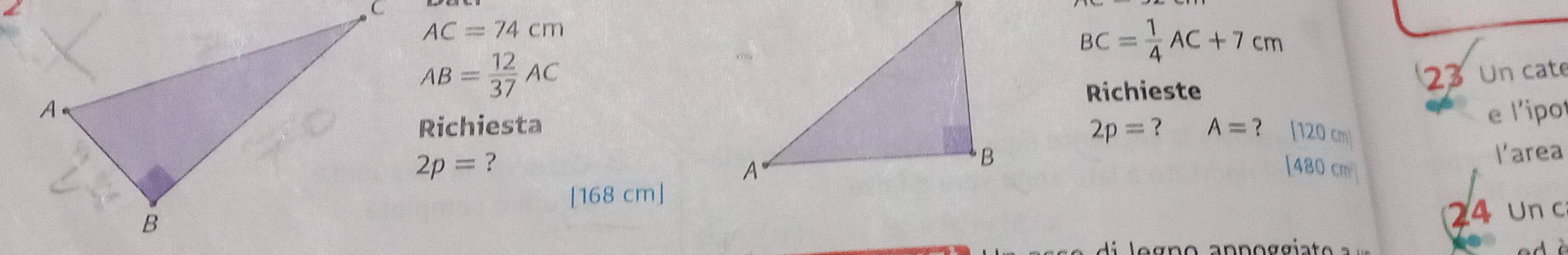 AC=74cm
BC= 1/4 AC+7cm
AB= 12/37 AC
Richieste 
23 Un cate 
e l'ipo 
Richiesta 2p= ？ A= ？ [120 cm]
2p= ? [480 cm
l'area 
[ 168 cm ]
24 Un c