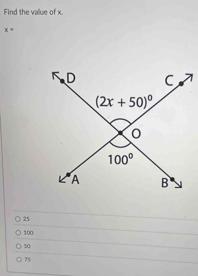 Find the value of x.
x=
25
100
50
75