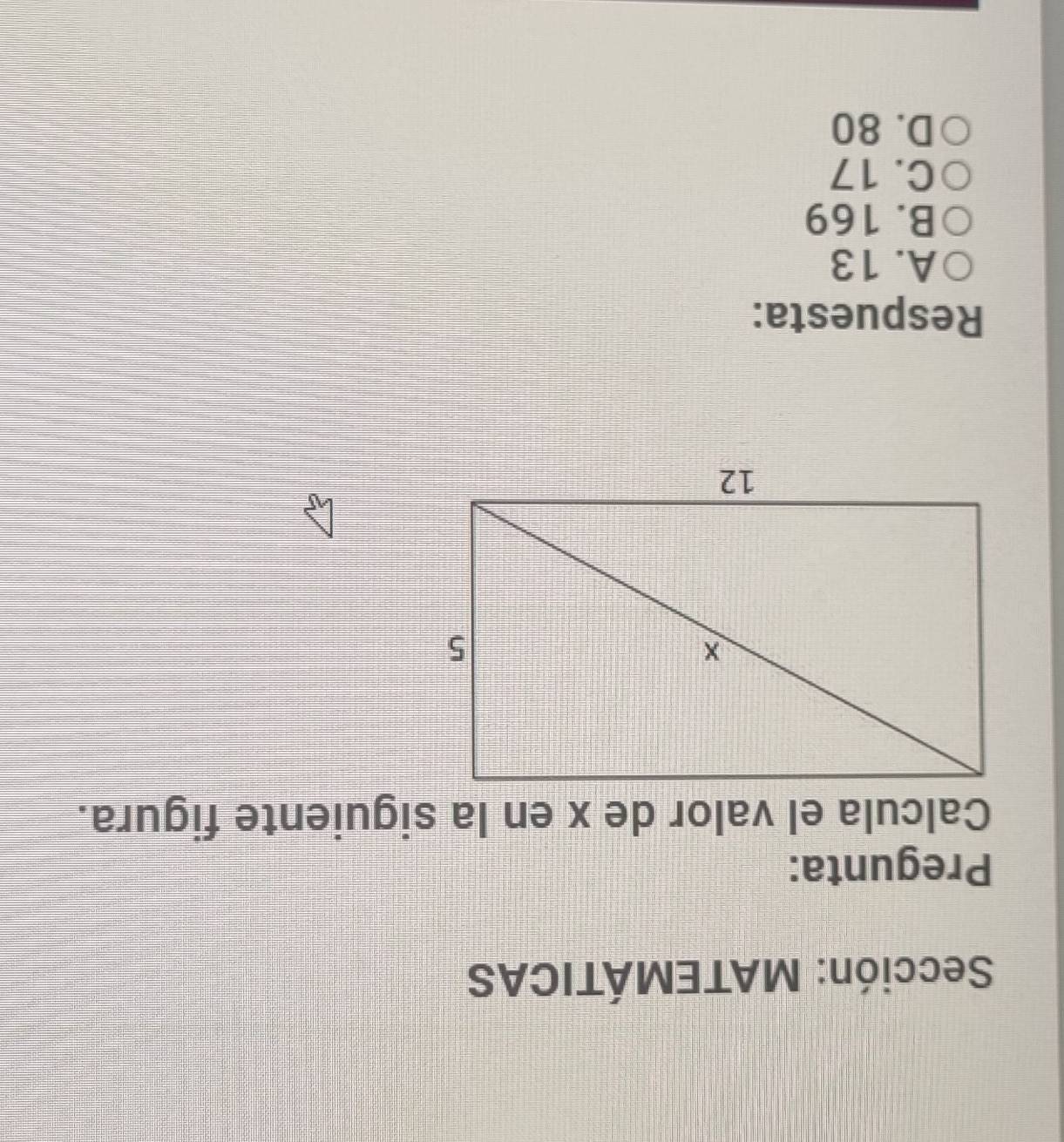 Sección: MATEMÁTICAS
Pregunta:
Calcula el valor de x en la siguiente figura.
Respuesta:
A. 13
B. 169
C. 17
D. 80