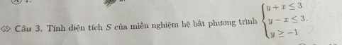 Tính diện tích S của miền nghiệm hệ bất phương trình beginarrayl y+x≤ 3 y-x≤ 3. y≥ -1endarray.