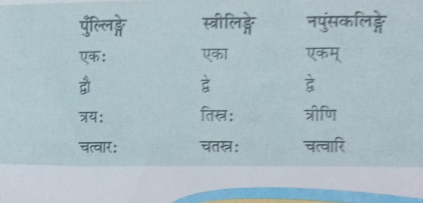 पुल्लिङ्ग स्त्रीलिडे नपुसकलिड़े 
एक: एका U ch 4 
द 
ऋय: तिस्त्र : त्ीणि 
चत्वार: चतस्त्र : चत्वारि