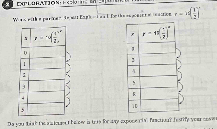 EXPLORATION: Exploring an Exponen
Work with a partner. Repeat Exploration 1 for the exponential function y=16( 1/2 )^x.
Do you think the statement below is true for any exponential function? Justify your answe