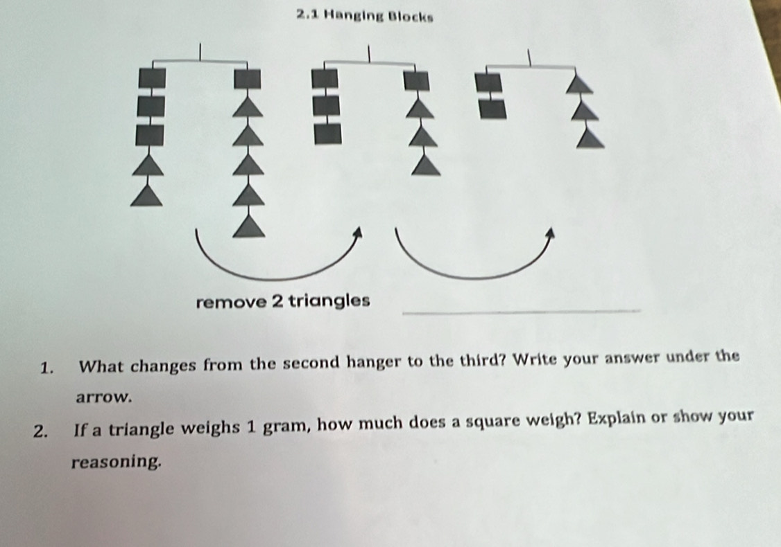 2.1 Hanging Blocks 
1. What changes from the second hanger to the third? Write your answer under the 
arrow. 
2. If a triangle weighs 1 gram, how much does a square weigh? Explain or show your 
reasoning.