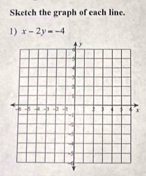 Sketch the graph of each line. 
1) x-2y=-4