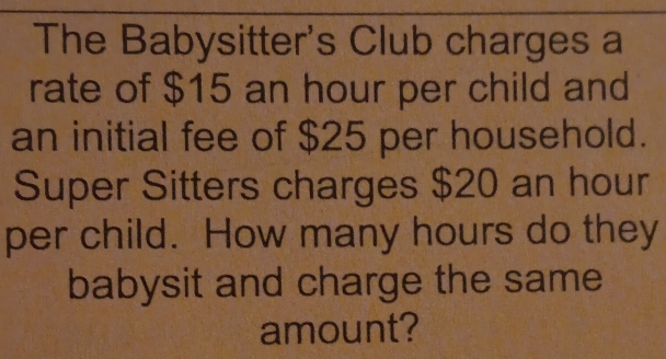 The Babysitter's Club charges a 
rate of $15 an hour per child and 
an initial fee of $25 per household. 
Super Sitters charges $20 an hour
per child. How many hours do they 
babysit and charge the same 
amount?