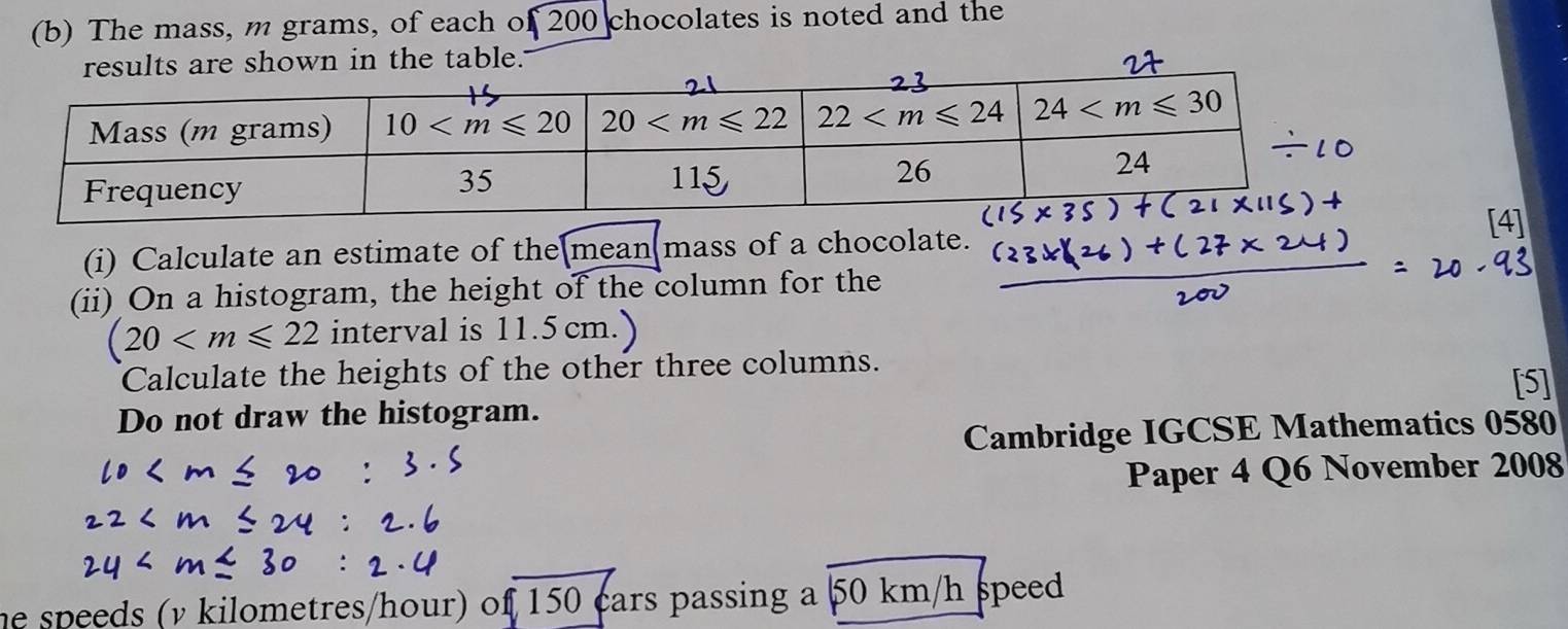 The mass, m grams, of each of 200 chocolates is noted and the
he table.
(i) Calculate an estimate of the[mean(mass of a chocolate.
[4]
(ii) On a histogram, the height of the column for the
(20 interval is 11.5 cm.
Calculate the heights of the other three columns.
[5]
Do not draw the histogram.
Cambridge IGCSE Mathematics 0580
Paper 4 Q6 November 2008
he speeds (v kilometres/hour) of 150 cars passing a 50 km/h speed