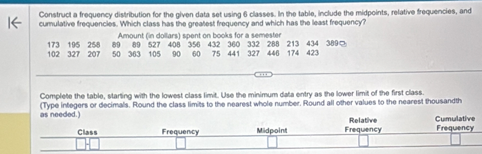 Construct a frequency distribution for the given data set using 6 classes. In the table, include the midpoints, relative frequencies, and 
cumulative frequencies. Which class has the greatest frequency and which has the least frequency? 
Amount (in dollars) spent on books for a semester
173 195 258 89 89 527 408 356 432 360 332 288 213 434 389
102 327 207 50 363 105 90 60 75 441 327 446 174 423
Complete the table, starting with the lowest class limit. Use the minimum data entry as the lower limit of the first class. 
(Type integers or decimals. Round the class limits to the nearest whole number. Round all other values to the nearest thousandth