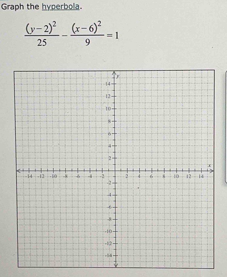 Graph the hyperbola.
frac (y-2)^225-frac (x-6)^29=1