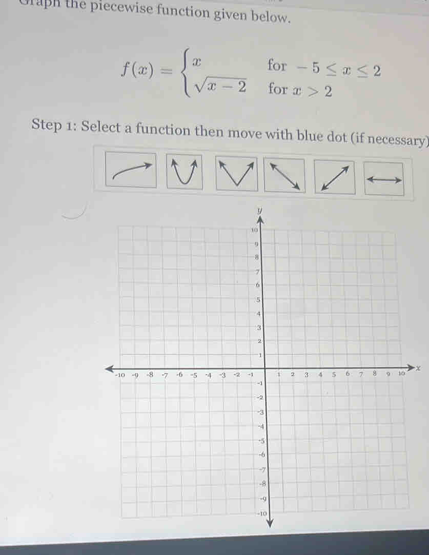 Graph the piecewise function given below.
f(x)=beginarrayl xfor-5≤ x≤ 2 sqrt(x-2)forx>2endarray.
Step 1: Select a function then move with blue dot (if necessary)
x