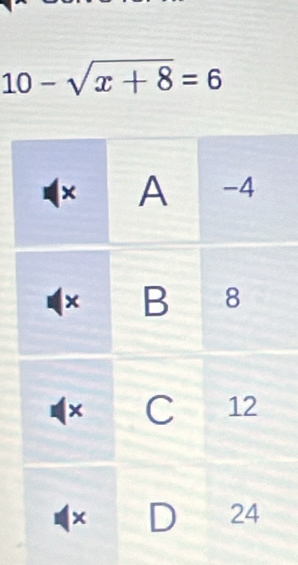 10-sqrt(x+8)=6