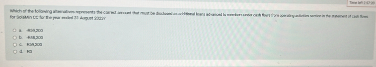 Time left 2:57:20
Which of the following alternatives represents the correct amount that must be disclosed as additional loans advanced to members under cash flows from operating activities section in the statement of cash flows
for SolaMin CC for the year ended 31 August 2023?
a. -R59,200
b. -R48,200
c. R59,200
d. RO