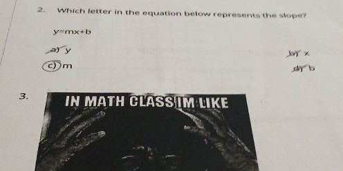 Which letter in the equation below represents the slope?
y=mx+b
 y
c) m
3. IN MATH CLASS IM LIKE