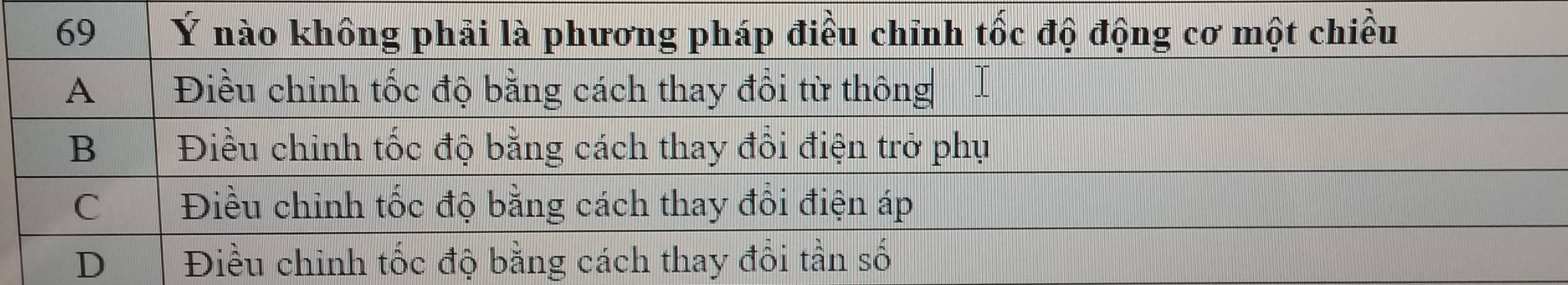 69 Ý nào không phải là phương pháp điều chỉnh tốc độ động cơ một chiều
A Điều chỉnh tốc độ bằng cách thay đổi từ thông Ⅰ
B Điều chinh tốc độ bằng cách thay đổi điện trở phụ
C Điều chinh tốc độ bằng cách thay đổi điện áp
D Điều chinh tốc độ bằng cách thay đổi tần số