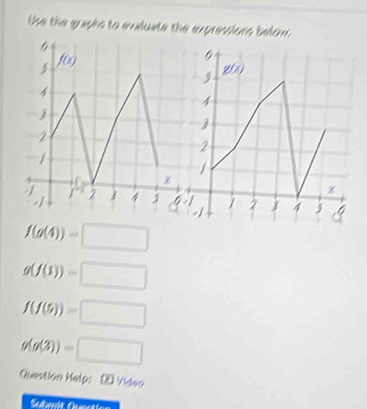 the the graphs to evaluate the expressions below.
f(g(4))=□
g(f(1))=□
f(f(5))=□
g(g(3))=□
Question Help: Video