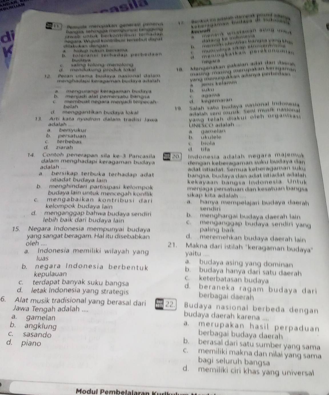 Pemuda merupakán generas peñerus =   Benkut in adaiah dampak prsitf adansa
hangsa, sehingga mempunyai fangguna kaberägaman budaya el Indones
di
Jawab untuk berkontrbsr terhadap 
negara. Wujnd kontribusi tersebut dapat `  menark wisstawan asing un i  
atang ke Indea
dilakukán dengán
a  hídup rukun bersama b  memilikr identitas bándea váng khas
munculnça sikan ethessumisma
d meningkatkan perekönemian
b. toleransi terhadap perbedaan
bucaya
c saling tolong-menolong negara
d mendukung produk lokal 
18.  Mengenakan pakaian adat dar dasrah
12. Peran utama budaya nasional dalam
masing-mazing merupakan keragaman 
menghadapi keragaman budaya adalah
yang menurjukkan adanya perbedaan
A  jénis kølamín
a mengurangí keragaman budaya b suku
b. menjadi alat pemersatu bangsa c agama
c membuat negara menjadi terpecah d. kegemaran
belah
19. Salah satu budaya nasional indonesia
d. menggantíkan budaya lokal
adalah seni musik. Seni musik nasional
13. Arti kata nyadran dalam tradisi Jawa  vang telah diakui oieh organisas
adalah  UNESCO adalah
a bersyukur
b. persatuan a gamelan
b. ukulele
c terbebas c biola
d. ziarah d. tifa
14. Contoh penerapan sila ke-3 Pancasila ,.(  Indonesia adalah negara majem   
dalam menghadapi keragaman budaya
adalah .... dengan keberagaman suku budaya dan
adat istiadat. Semua keberagaman suky
a bersikap terbuka terhadap adat
istiadat budaya lain bangsa, budaya dan adat istiadat adalah
kekayaan bangsa indonesia. Untuk
b. menghindari partisipasi kelompok menjaga persatuan dan kesatuan bangsa
budaya lain untuk mencegah konflik sikap kita adalah
c. mengabaikan kontribusi dari a. hanya mempelajari budaya daerah
kelompok budaya lain sendiri
d. menganggap bahwa budaya sendiri b. menghargai budaya daerah lain
lebih baik dari budaya lain c. menganggap budaya sendiri yang
15. Negara Indonesia mempunyai budaya paling baik
yang sangat beragam. Hal itu disebabkan d. meremehkan budaya daerah lain
oleh ....
21. Makna dari istilah 'keragaman budaya"
a. Indonesia memiliki wilayah yang yaltu ....
luas a. budaya asing yang dominan
b. negara Indonesia berbentuk b. budaya hanya dari satu daerah
kepulauan
c. keterbatasan budaya
c. terdapat banyak suku bangsa d. beraneka ragam budaya dari
d. letak Indonesia yang strategis berbagai daerah
6. Alat musik tradisional yang berasal dari 22.  Budaya nasional berbeda dengan
Jawa Tengah adalah .... budaya daerah karena ....
a. gamelan a. merupakan hasil perpaduan
b. angklung berbagai budaya daerah
c. sasando b. berasal dari satu sumber yang sama
d. piano c. memiliki makna dan nilai yang sama
bagi seluruh bangsa
d. memiliki ciri khas yang universal
Md u l e  ll